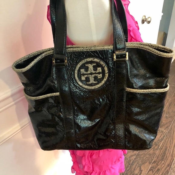 Tory Burch Handbags - TORY BURCH Black Patent Leather Snakeskin Tote